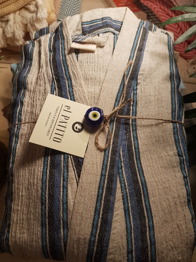el patito towels and bathrobes linen kimono blazer stripe model marine blue nautical colors